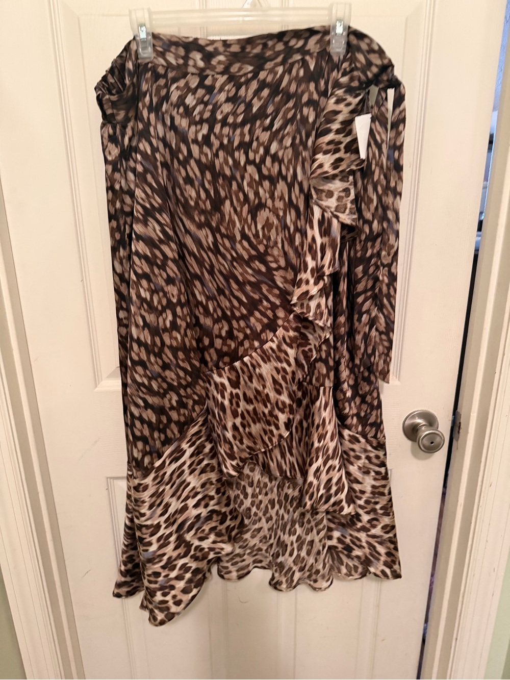 La Chance Brown & Cream Asymmetrical Animal Print Ruffle Skirt